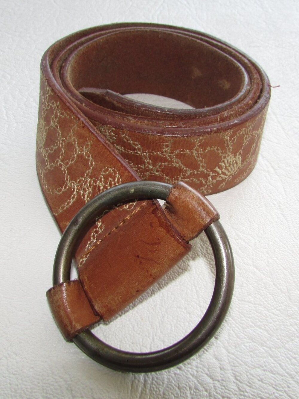 Bluenotes Tan Leather Embroidered Belt - Small